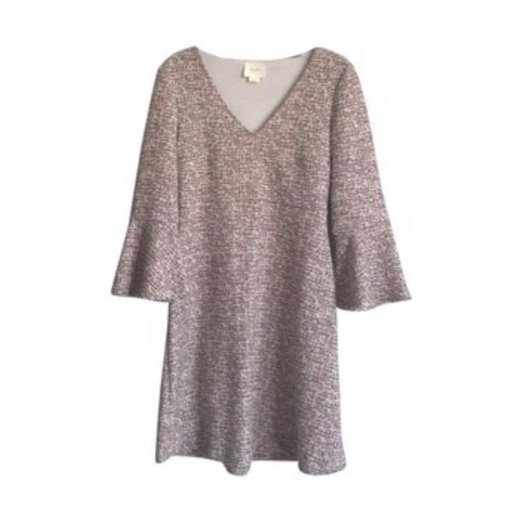 Anthropologie Red Cream Tweed Bell Sleeve V-Neck Dress - Picture 4 of 11